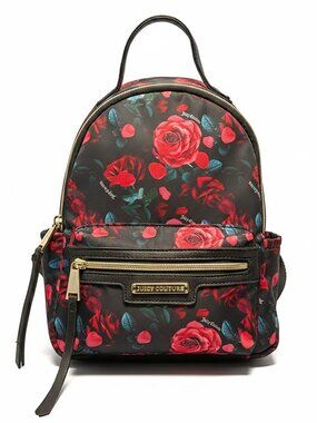 Juicy Couture Rosie Floral Mini Backpack - Black with Red Roses & Gold
